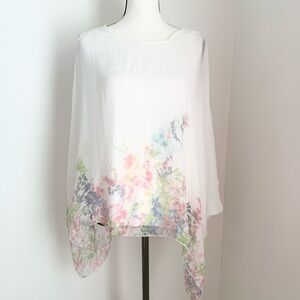 Elena Baldi White Floral Size L 3/4 Sleeve Silk Top Dolman Sleeve Layered Blouse